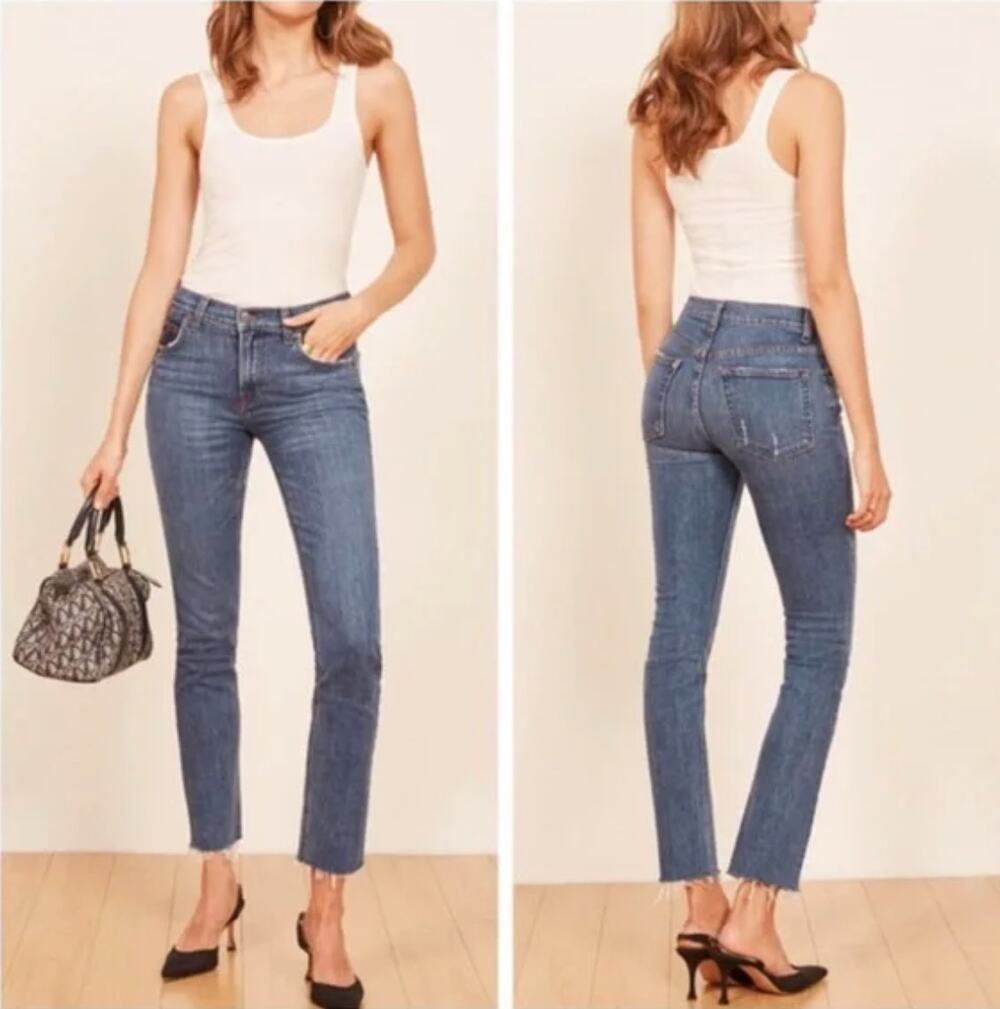 REFORMATION Blue Kasai Wash Mid-Rise Raw Hem Slim Denim Jeans Size 26